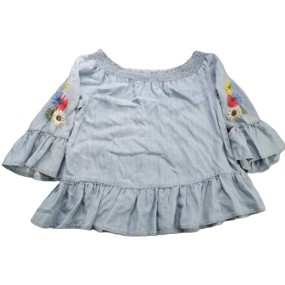 Miss Me Women S Chambray Off Shoulder Boho Floral Embroidered Cotton Top EUC